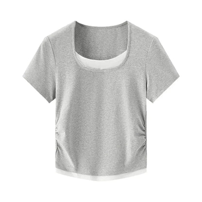 Semir Short Sleeve T-Shirt Women Cropped Fake Two-Piece Versatile 2025 New Summer Slim Fit U Neck Top Slimming for Chic Style