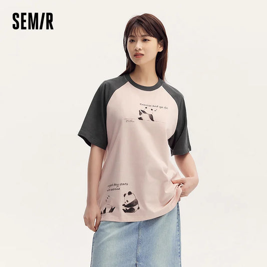 Semir Short Sleeve T-Shirt Women Mid-long Style Raglan Sleeve Loose 2025 New Version Panda-themed Pure Cotton Summer Outfit