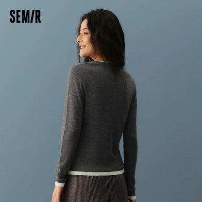 Semir Women Knitted Sweater Round Neck Colorblock