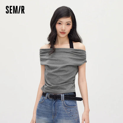 Semir Women Tshirt Halter Neck Fake Two-Piece