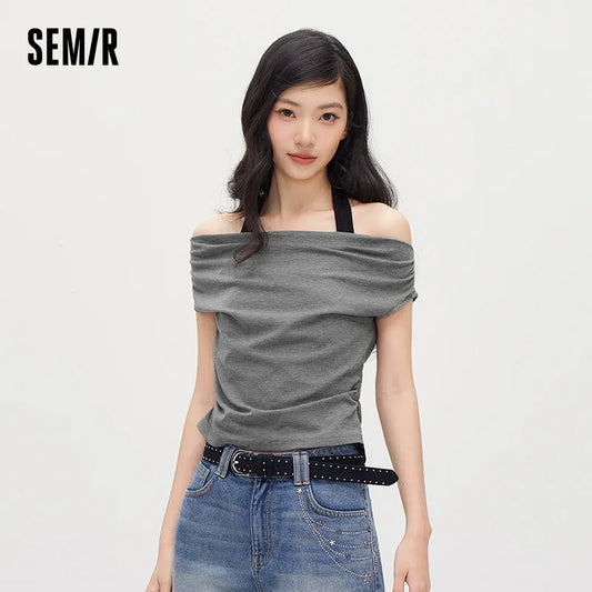 Semir Women Tshirt Halter Neck Fake Two-Piece