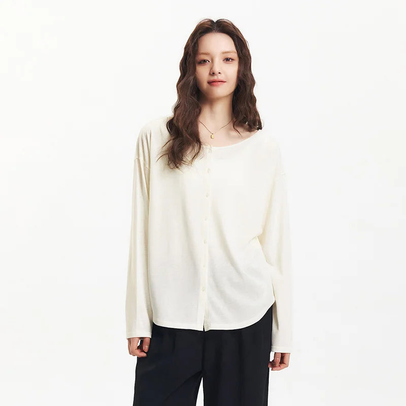 Semir Long Sleeve T-Shirt Women U Neck Solid Color Cardigan Minimalist Elegant 2025 New Summer Loose Top Gentle for Daily Wear