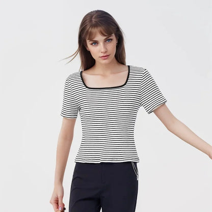 Semir Short-Sleeved T-Shirt Women 2024 Short Square Collar Summer New Tee shirts Tight Striped Shirt Temperament T-Shirt Women