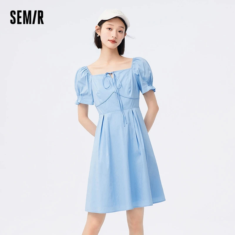 Semir Dress Women Solid Color Feel Versatile 2025 Summer New Fashion Square Neck Short Dress Women'S Elegant
