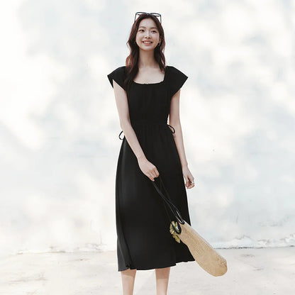 Semir Dress Women Hollow Out Waist-Cinching 2025 New Summer Flutter Sleeve Off-Shoulder Mid-Length Dress Subtle Sexy