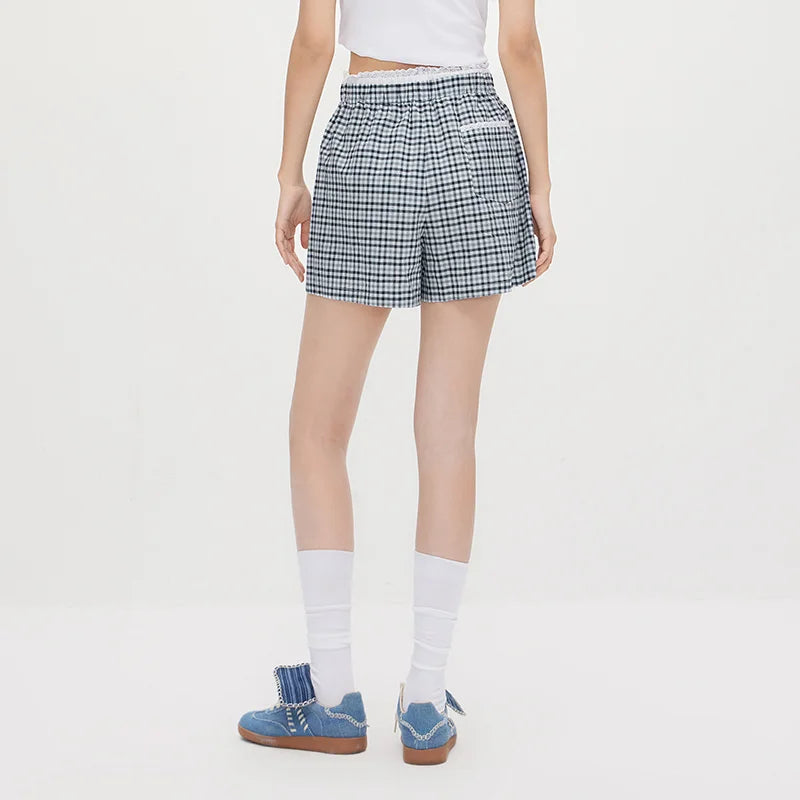 Semir Women Shorts Patchwork Lace Plaid Loose