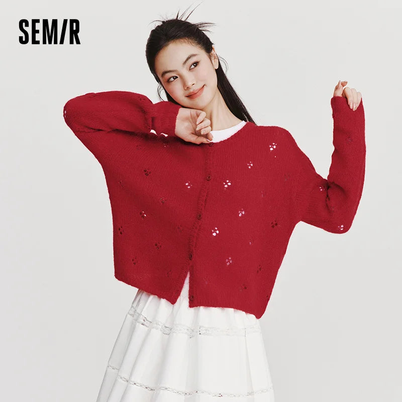 Semir Women Red Cardigan Hollow Crew Neck