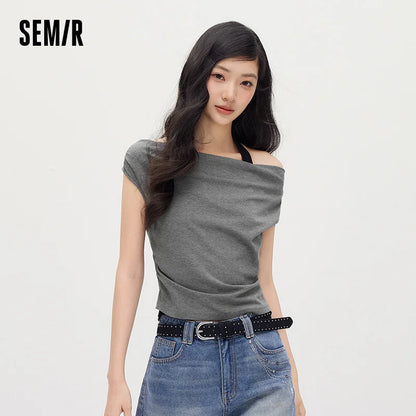 Semir Women Tshirt Halter Neck Fake Two-Piece