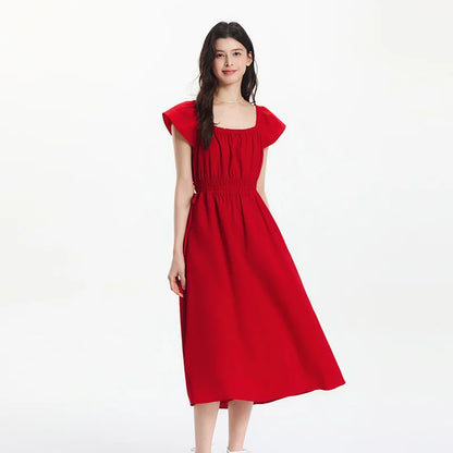 Semir Dress Women Hollow Out Waist-Cinching 2025 New Summer Flutter Sleeve Off-Shoulder Mid-Length Dress Subtle Sexy