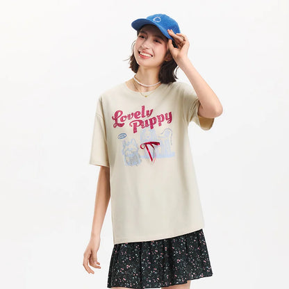 Semir Short Sleeve T-Shirt Women Mid-Length Pattern Cute Retro 2025 New Summer Moisture Wicking Loose Top Niche Style