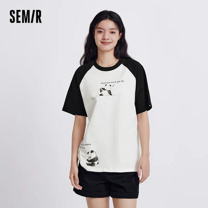 Semir Short Sleeve T-Shirt Women Mid-long Style Raglan Sleeve Loose 2025 New Version Panda-themed Pure Cotton Summer Outfit