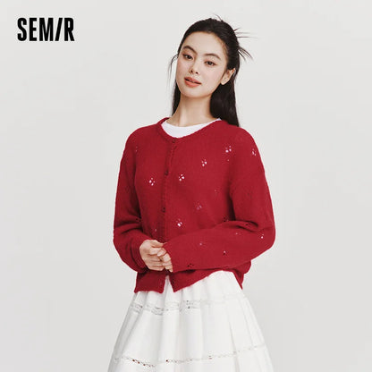 Semir Women Red Cardigan Hollow Crew Neck