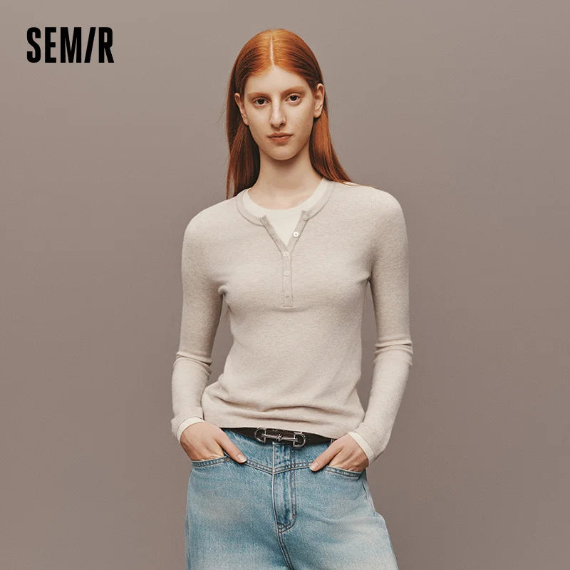 Semir Women Knitted Sweater Henley Collar Slim