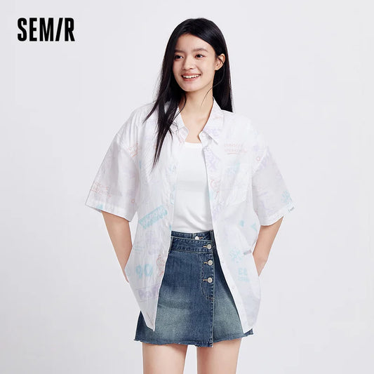 Semir Mid-sleeve Shirt Women Popeye Co-branded Mid-long Style Summer 2025 New Version Full-print Shirt