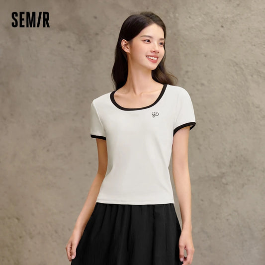 Semir Short Sleeve T-Shirt Women Short Style Small Shoulder Slightly Sexy 2024 Summer New Slim Fit Tight-Fitting Color-Block Top