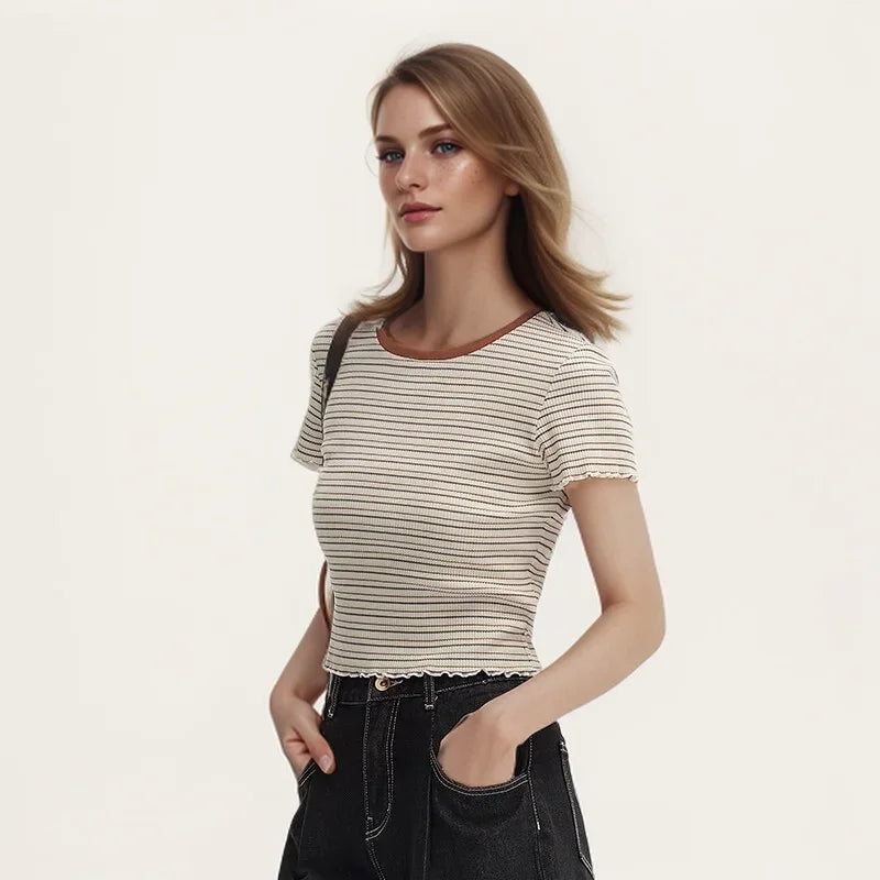 Semir Short-Sleeved T-Shirt For Women Short And Slimming With Ruffled Edges New In 2024 Summer Striped Top