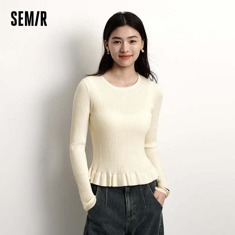 Semir Women Knitted Sweater Lace Trim Wool Pullover