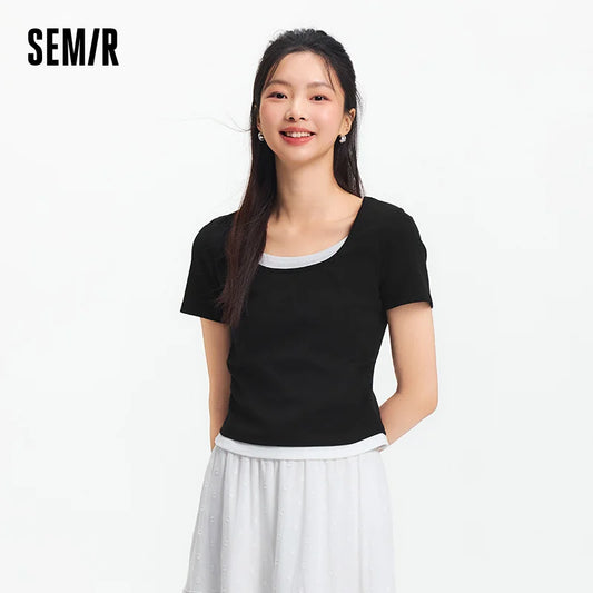 Semir Short Sleeve T-Shirt Women Cropped Fake Two-Piece Versatile 2025 New Summer Slim Fit U Neck Top Slimming for Chic Style