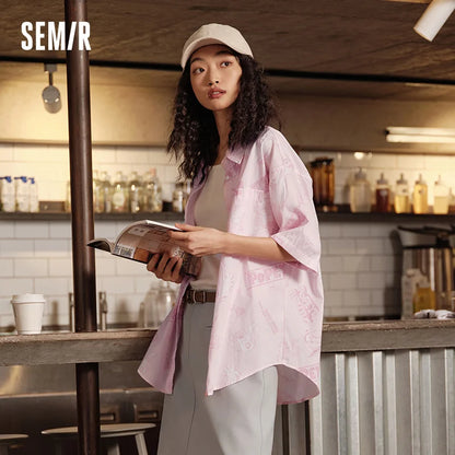 Semir Mid-sleeve Shirt Women Popeye Co-branded Mid-long Style Summer 2025 New Version Full-print Shirt
