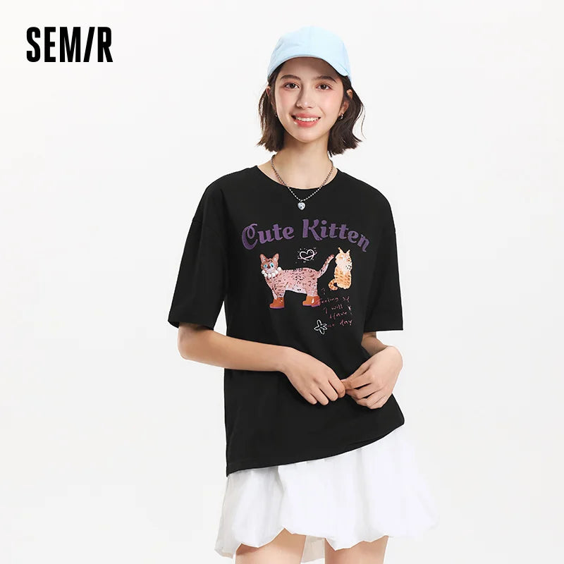 Semir Short Sleeve T-Shirt Women Mid-Length Pattern Cute Retro 2025 New Summer Moisture Wicking Loose Top Niche Style