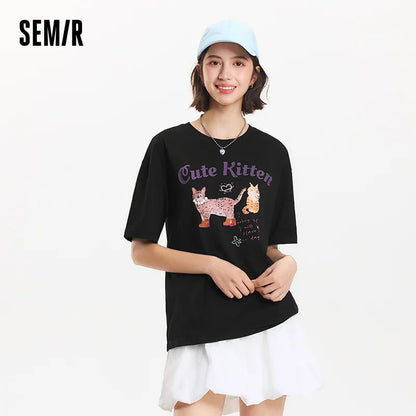 Semir Short Sleeve T-Shirt Women Mid-Length Pattern Cute Retro 2025 New Summer Moisture Wicking Loose Top Niche Style