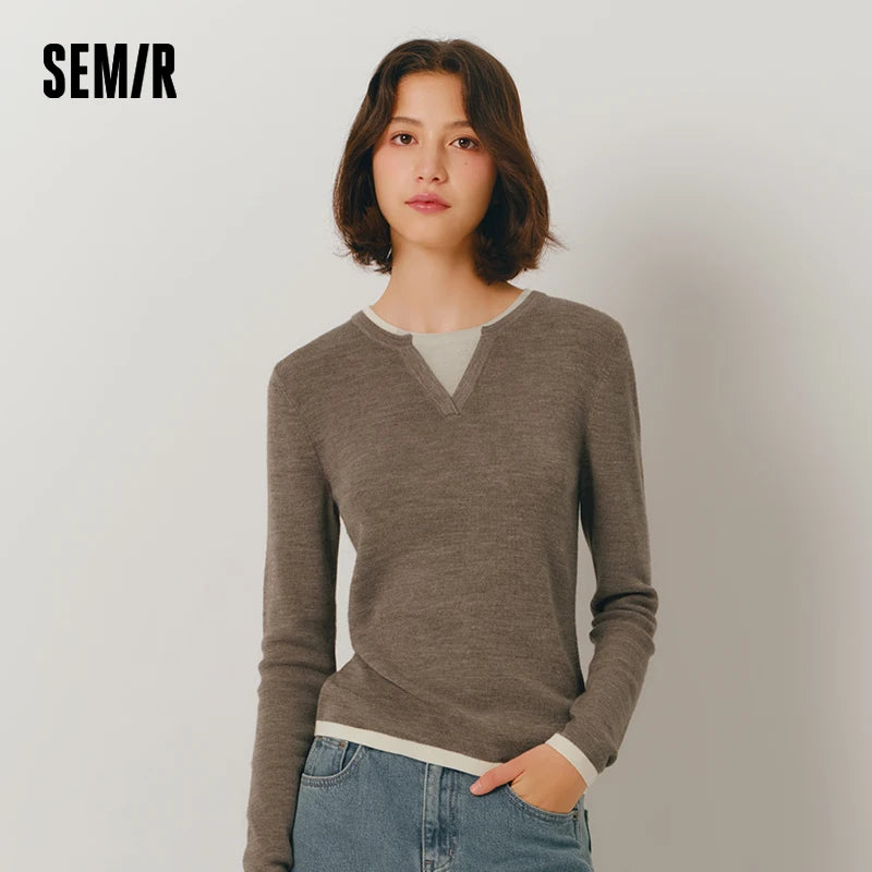 Semir Women Knitted Sweater Round Neck Colorblock