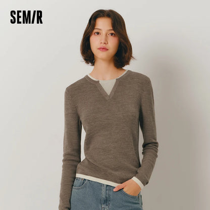 Semir Women Knitted Sweater Round Neck Colorblock