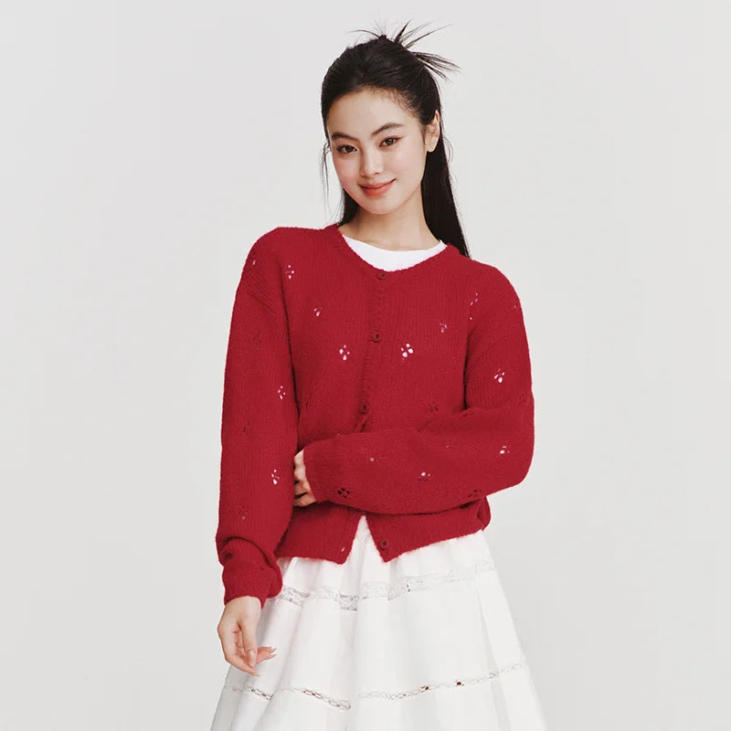 Semir Women Red Cardigan Hollow Crew Neck