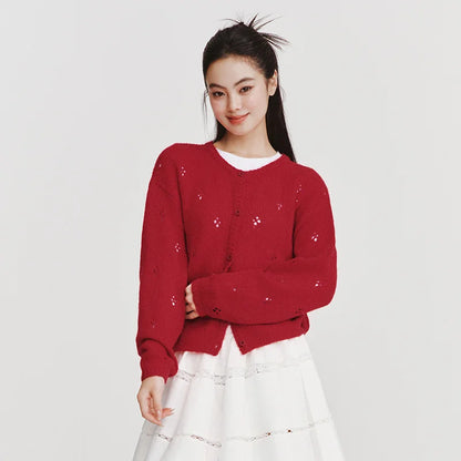 Semir Women Red Cardigan Hollow Crew Neck