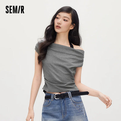 Semir Women Tshirt Halter Neck Fake Two-Piece