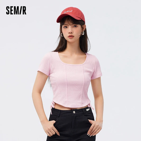 Semir Short Sleeve T Shirt Women Short Tight Knit Sexy 2023 Summer New Solid Fishbone Tops For Woman