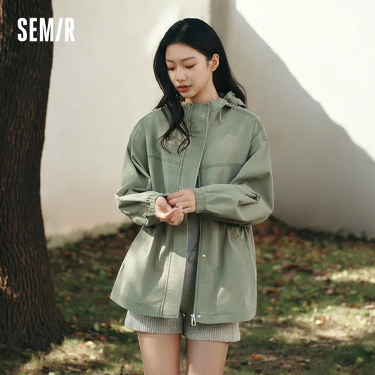 Semir Women Denim Jacket Retro Loose Waist Cinched