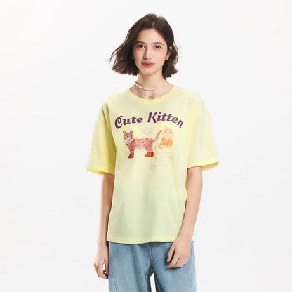 Semir Short Sleeve T-Shirt Women Mid-Length Pattern Cute Retro 2025 New Summer Moisture Wicking Loose Top Niche Style