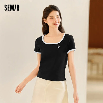 Semir Short Sleeve T-Shirt Women Short Style Small Shoulder Slightly Sexy 2024 Summer New Slim Fit Tight-Fitting Color-Block Top