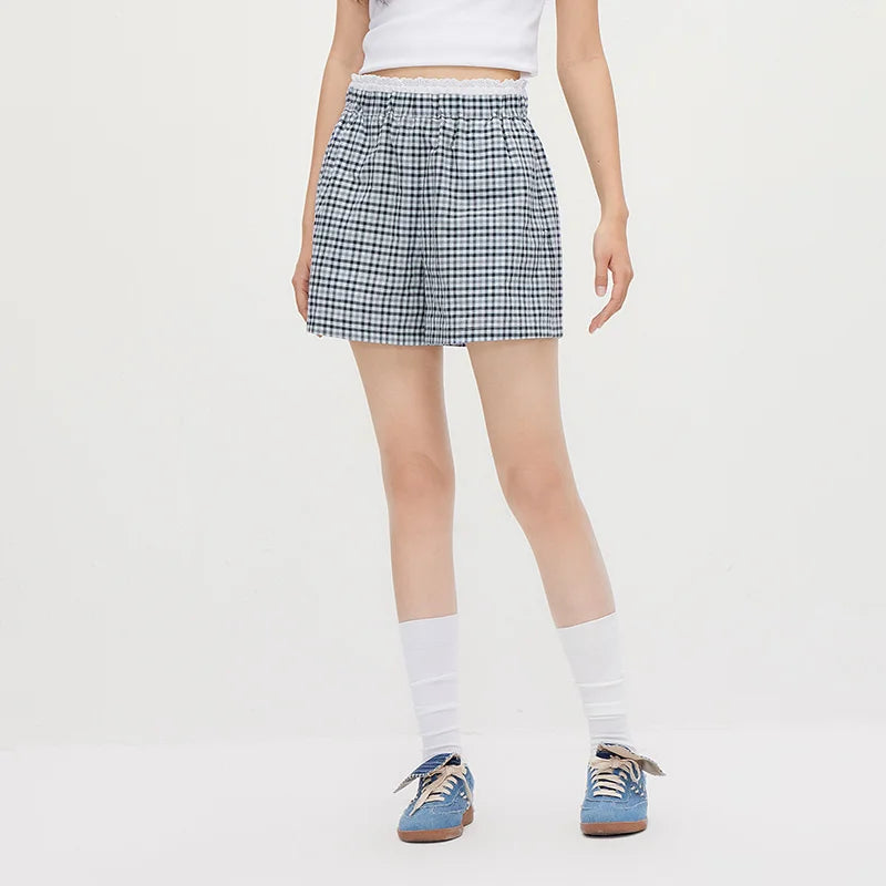 Semir Women Shorts Patchwork Lace Plaid Loose