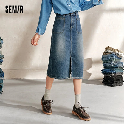 Semir Women Denim Skirt Split Retro Straight