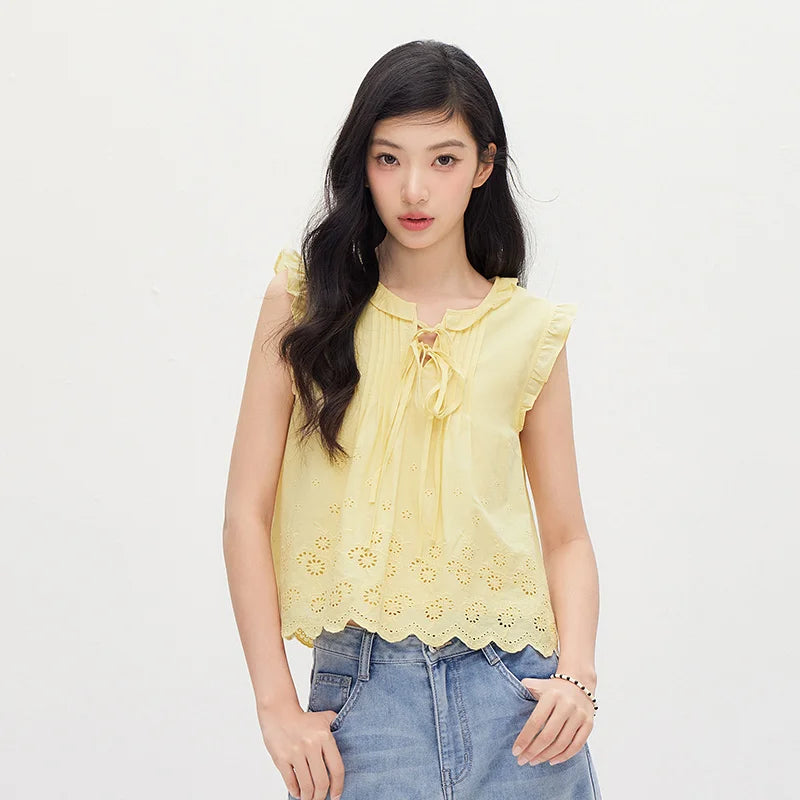 Semir Women Shirt Embroidered Bow Ruffle Lace