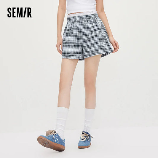 Semir Women Shorts Patchwork Lace Plaid Loose