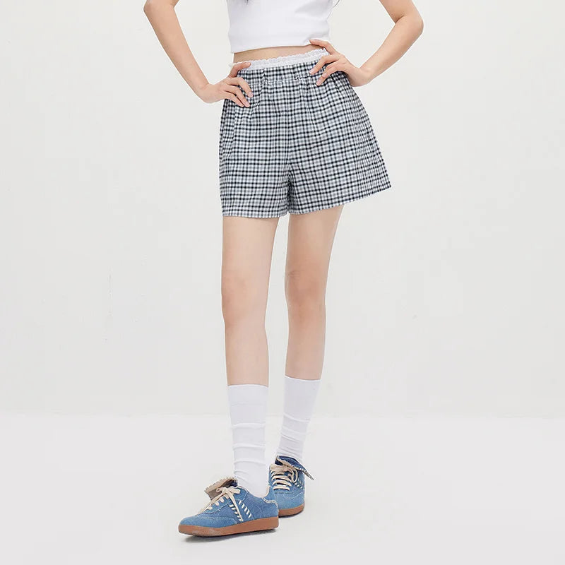 Semir Women Shorts Patchwork Lace Plaid Loose