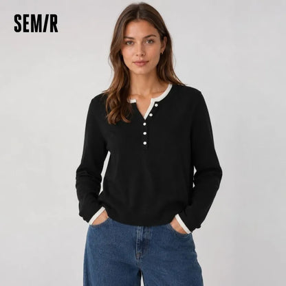 Semir Women Knitted Sweater Henley Collar Slim