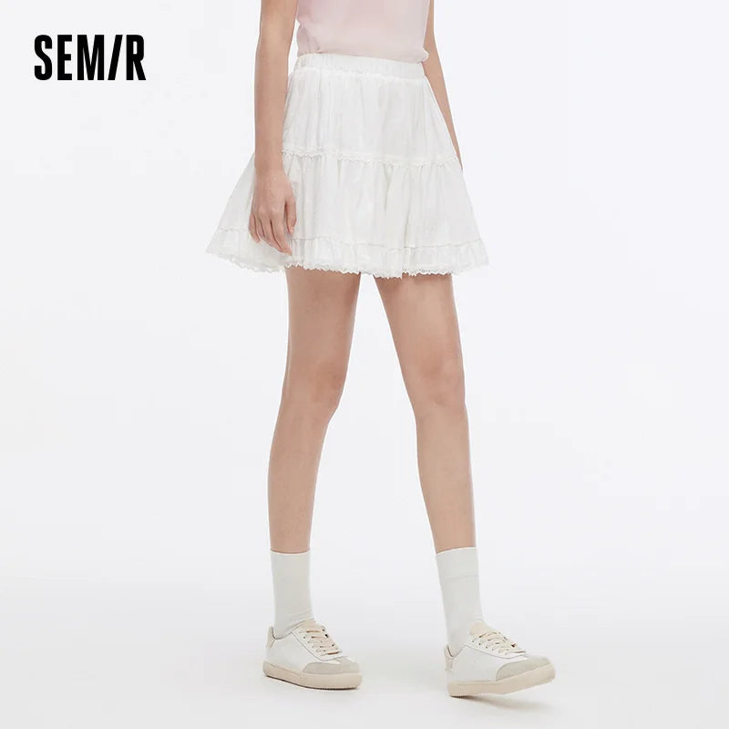 Semir Women Skirt Jacquard Lace Trim Fluffy A-Line Mini