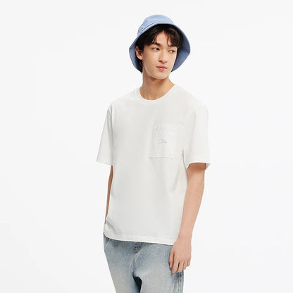 Semir Short Sleeve T-Shirt Men Cotton White T-Shirt Base Layer 2025 New Summer Pocket Embroidered Knit Top for Relaxed Outfits