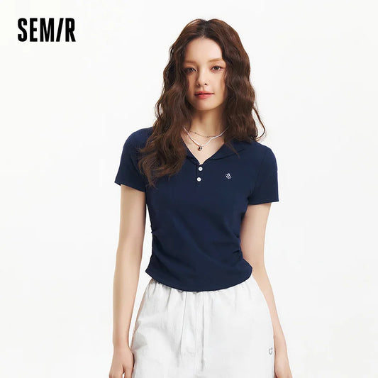 Semir Polo Shirt Women Cropped Blazer Collar 2025 New Summer Embroidered Cool Feeling Slim Fit Top Slimming for Chic Outfits