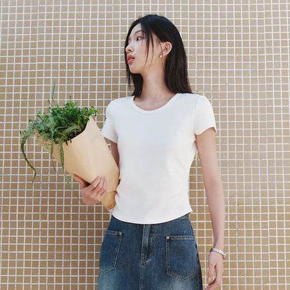 Semir Short Sleeve T-Shirt Women Cropped Slim Fit Shoulder Fit Design 2025 New Summer Embroidered Top Versatile for Chic Outfits