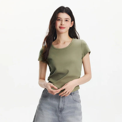 Semir Short Sleeve T-Shirt Women Cropped Slim Fit Shoulder Fit Design 2025 New Summer Embroidered Top Versatile for Chic Outfits