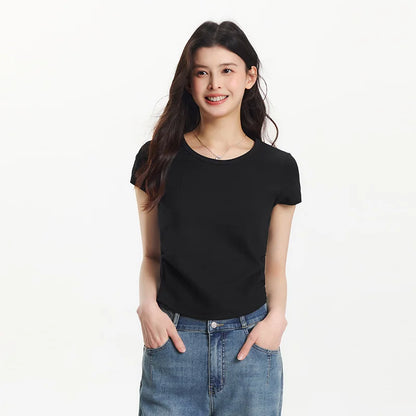 Semir Short Sleeve T-Shirt Women Cropped Slim Fit Shoulder Fit Design 2025 New Summer Embroidered Top Versatile for Chic Outfits