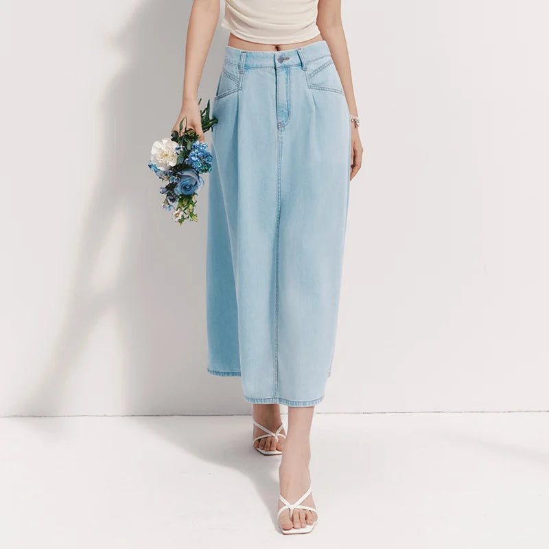 Semir Women Denim Skirt A-Line Pleated Slim