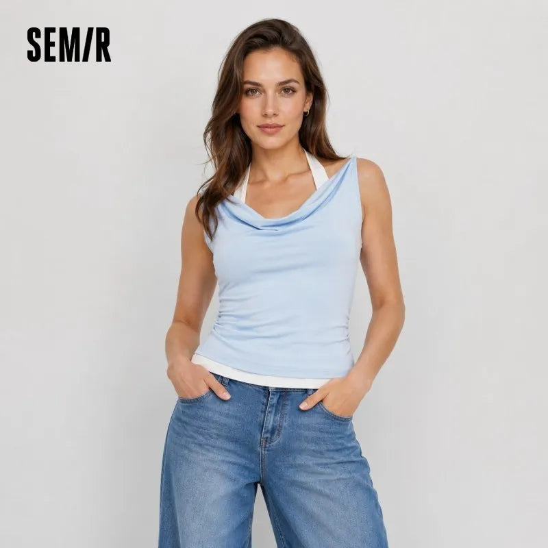Semir Women Tshirt Halter Neck Fake Two-Piece