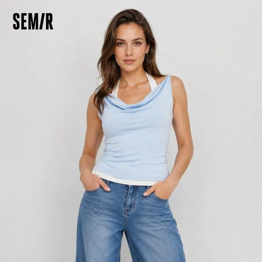 Semir Women Tshirt Halter Neck Fake Two-Piece