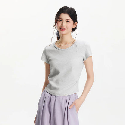 Semir Short Sleeve T-Shirt Women Cropped Slim Fit Shoulder Fit Design 2025 New Summer Embroidered Top Versatile for Chic Outfits